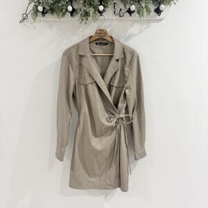 Zara Tan Faux Leather Wrap Jacket Dress Size Large T7009